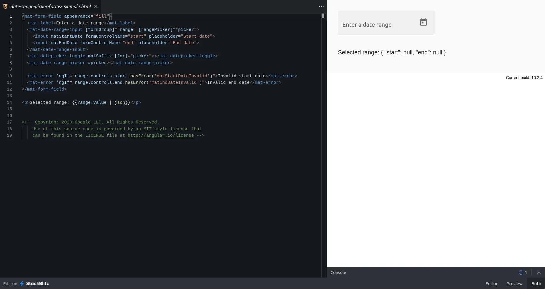 Date range picker example on stackblitz